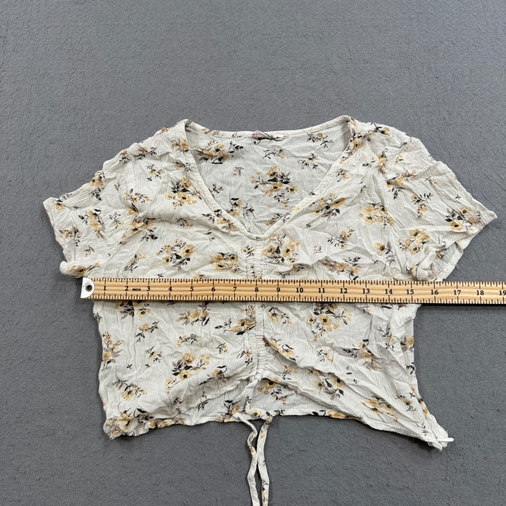Ardene Crop Top Women's Medium White Yellow Floral Ruched V-Neck Short Sleeve - Picture 4 of 6